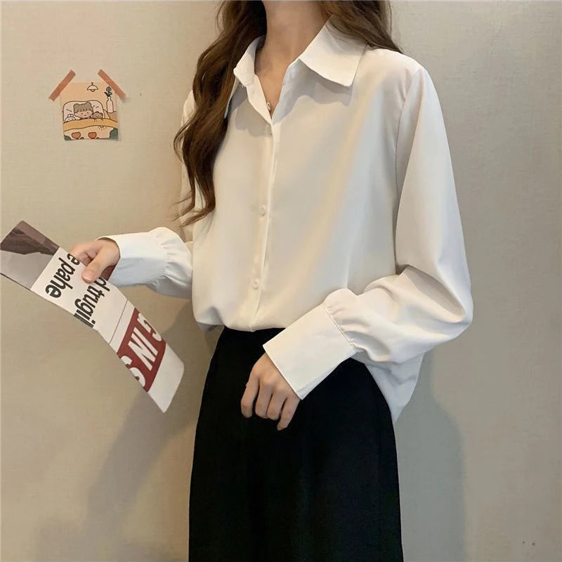 Korean Style White Chiffon Blouse - Elegant Long Sleeve Shirt for Women