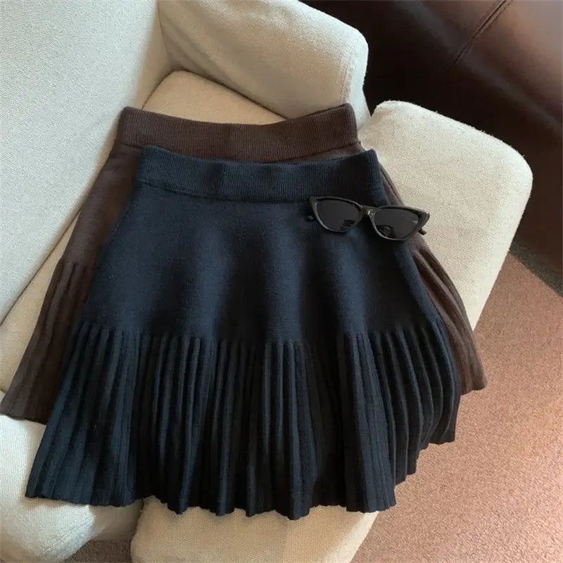 Korean Style Pleated Knit Mini Skirt - High Waist A-Line Skirt for Women