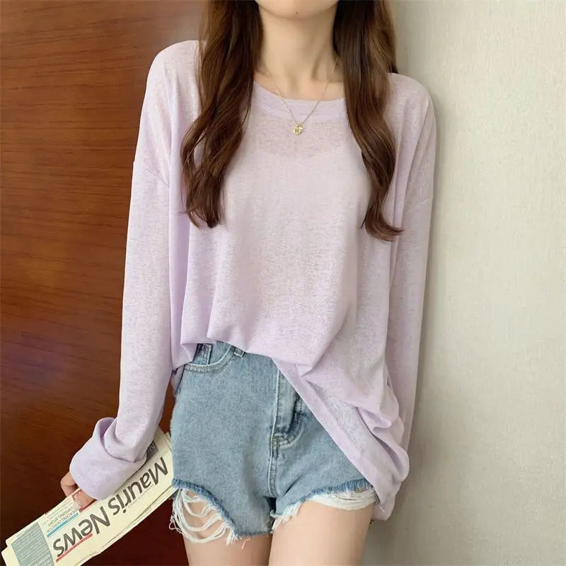 Korean Style Mesh Long Sleeve Cover Up Top