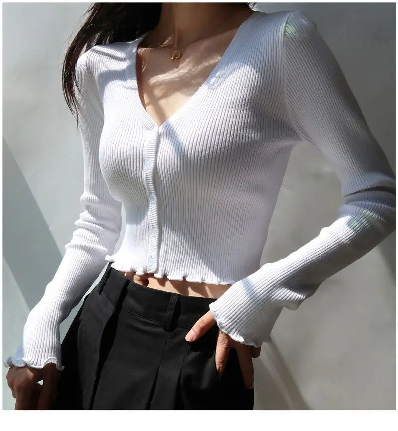 Korean Style Cropped Knit Cardigan - V-Neck Ruffle Hem
