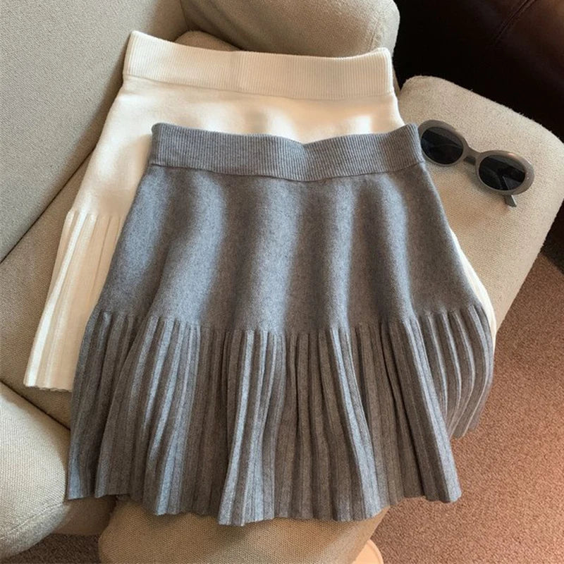 Korean Style Pleated Knit Mini Skirt - High Waist A-Line Skirt for Women