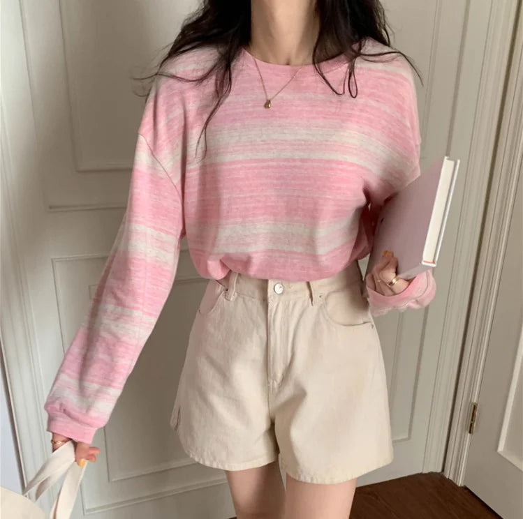 Korean Style Vintage Striped Long Sleeve T-Shirt - Women's Loose Fit Top