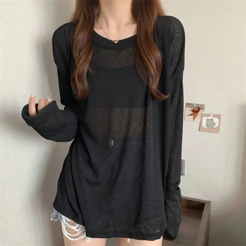 Korean Style Mesh Long Sleeve Cover Up Top