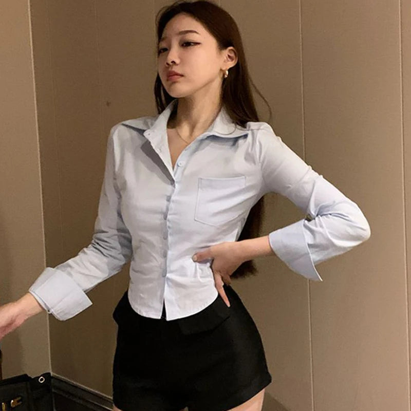 Korean Style Women's Slim Fit Cropped Blouse - Elegant Y2K Streetwear Shirt