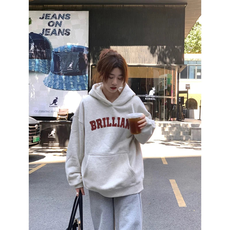 Korean Style Oversized Hoodie - Women's Grey & White Pullover Sweatshirt
