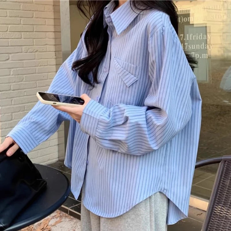 Korean Style Blue Striped Shirt - Women's Long Sleeve Blouse with Pockets