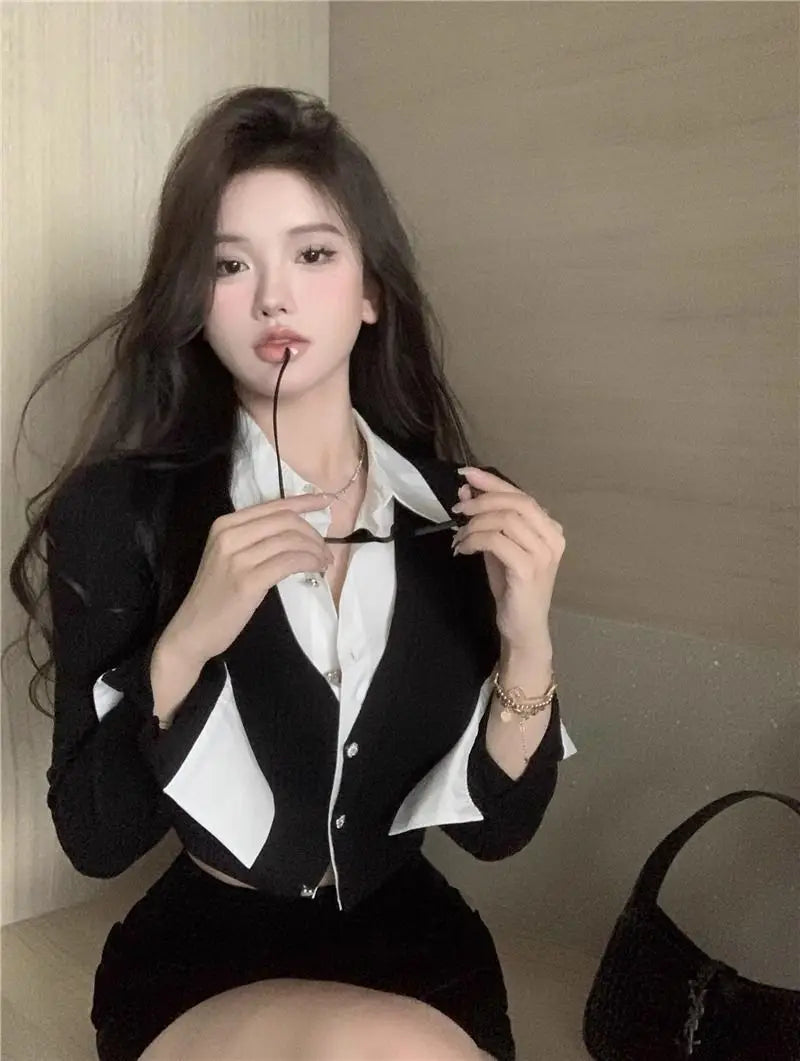 Korean Style Two-Piece Effect Blouse - Women's Slim Fit Cropped Shirt