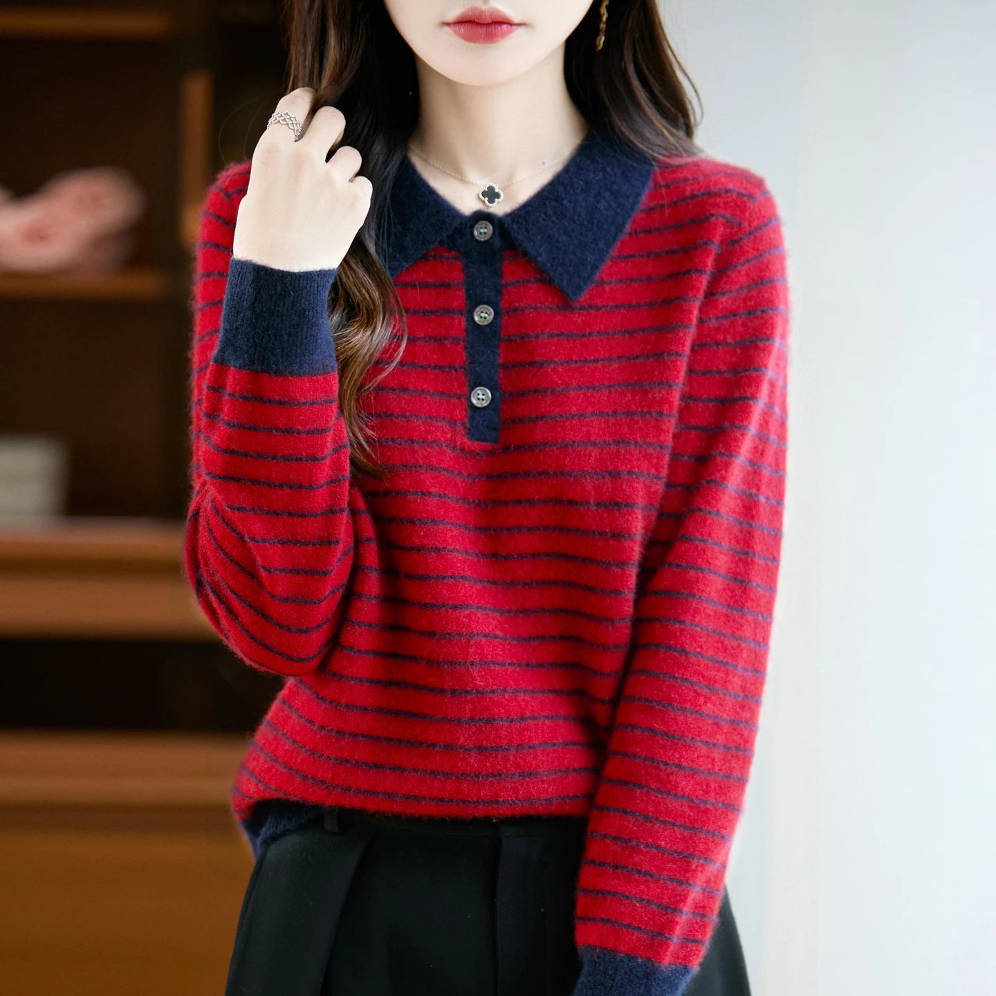 Korean Style Wool Polo Neck Jumper - Striped Knit Pullover for Women