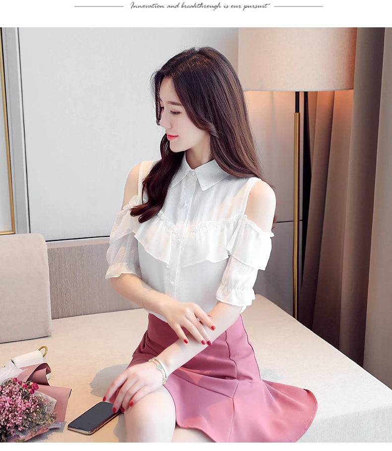 Korean Style Off-Shoulder Chiffon Blouse - Ruffle Sleeve Summer Top