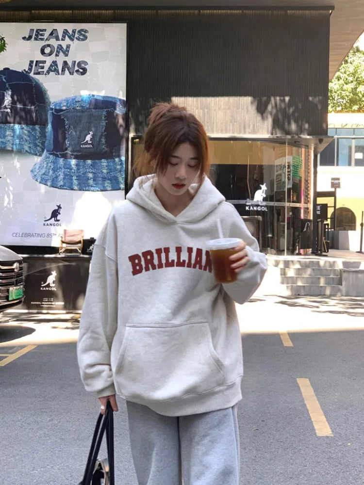 Korean Style Oversized Hoodie - Women's Grey & White Pullover Sweatshirt