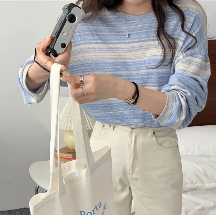 Korean Style Vintage Striped Long Sleeve T-Shirt - Women's Loose Fit Top