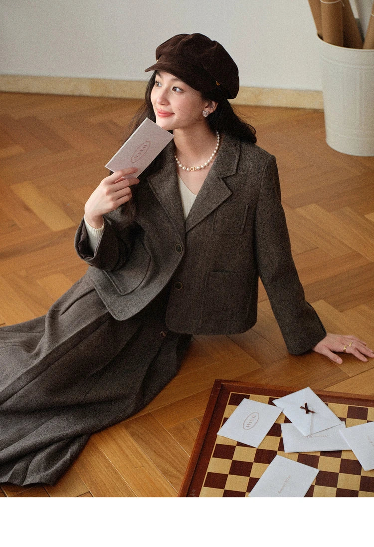 Korean Style Pleated Wool Skirt - Elegant High-Waist A-Line Midi Skirt for Women