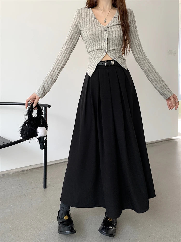 Korean Style Pleated Midi Skirt - A-Line High Waist Swing Skirt for Women