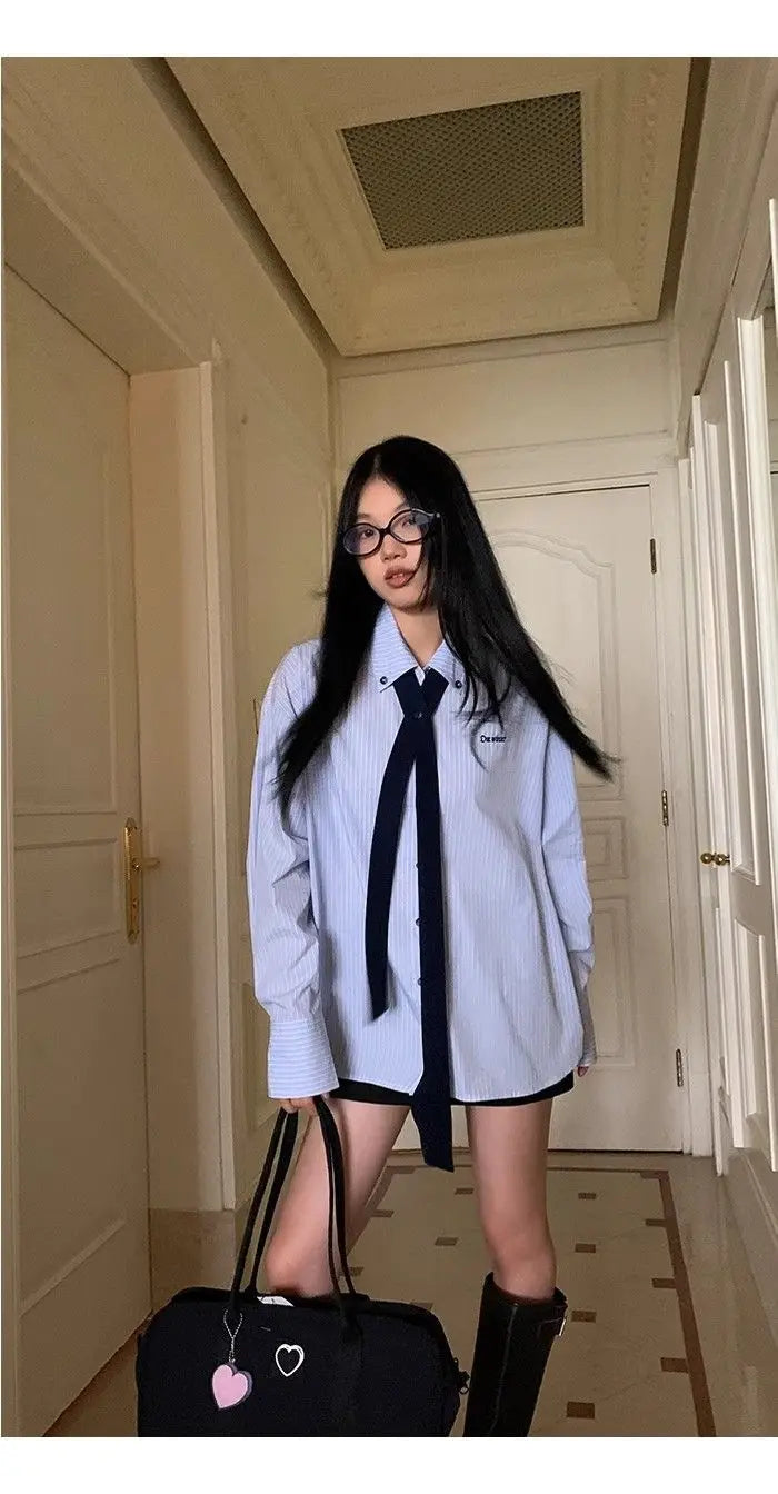 Korean Style Blue Striped Shirt - Women's Embroidered Long Sleeve Blouse