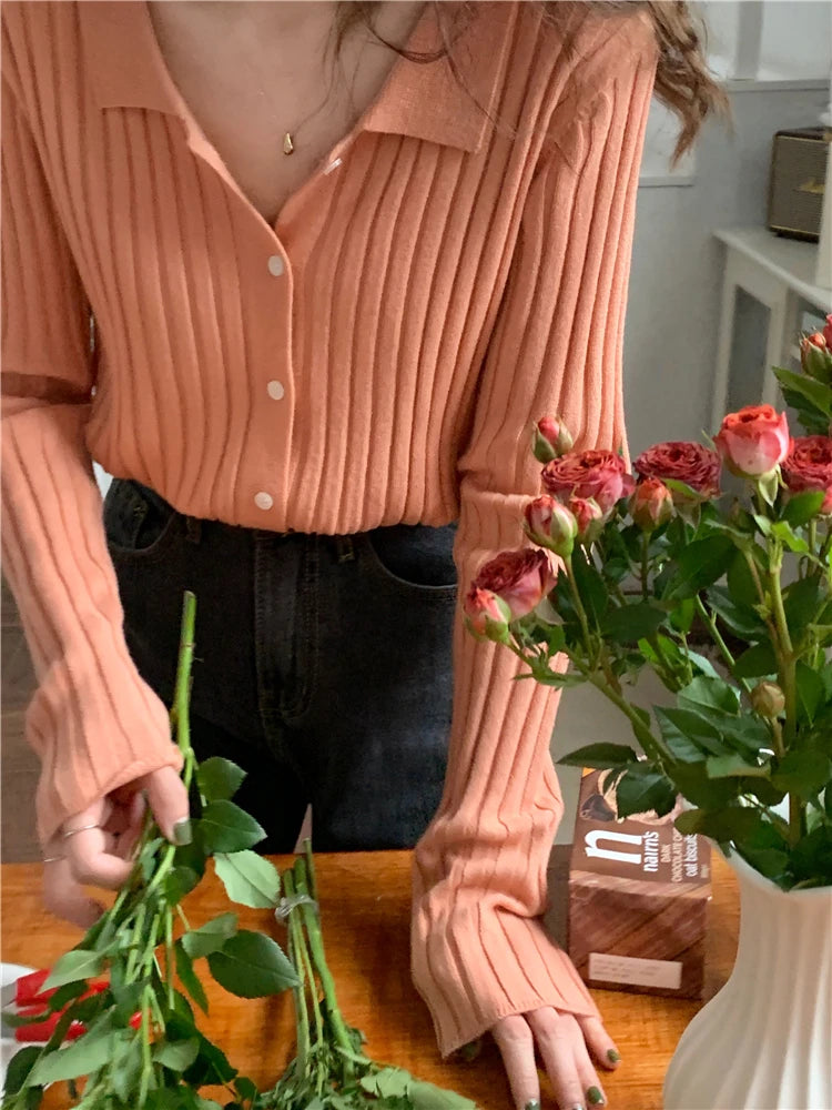 Korean Style Polo Collar Knit Cardigan - Women's Elegant Layering Sweater