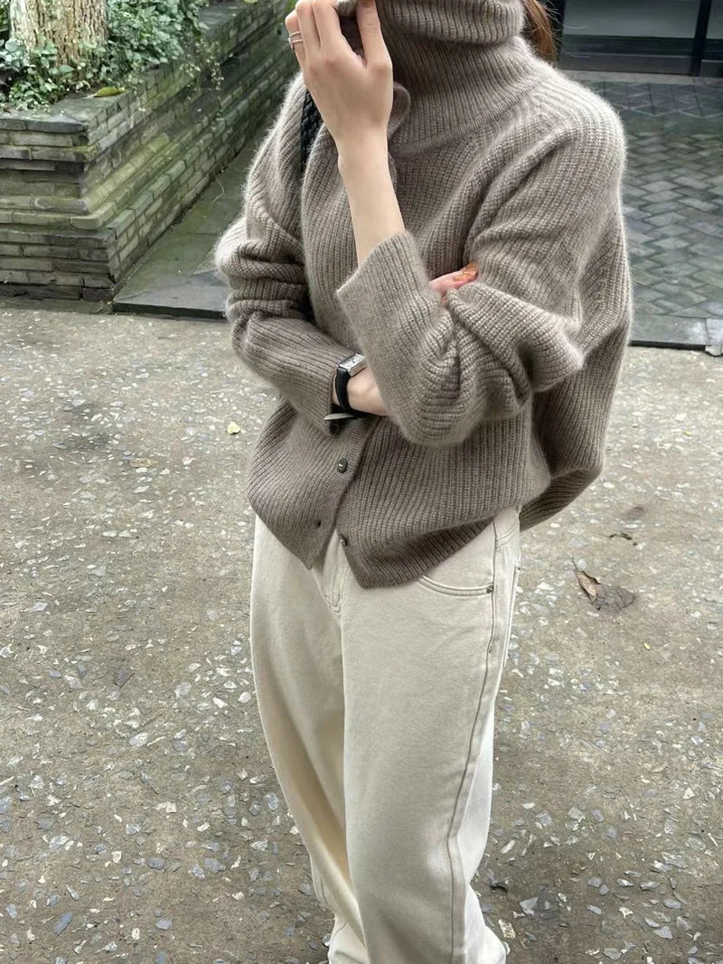 Korean Style Turtleneck Cardigan - Women's Chunky Knit Sweater