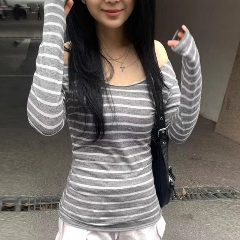 Korean Style Striped Long Sleeve T-Shirt - Women's Slim Fit Top