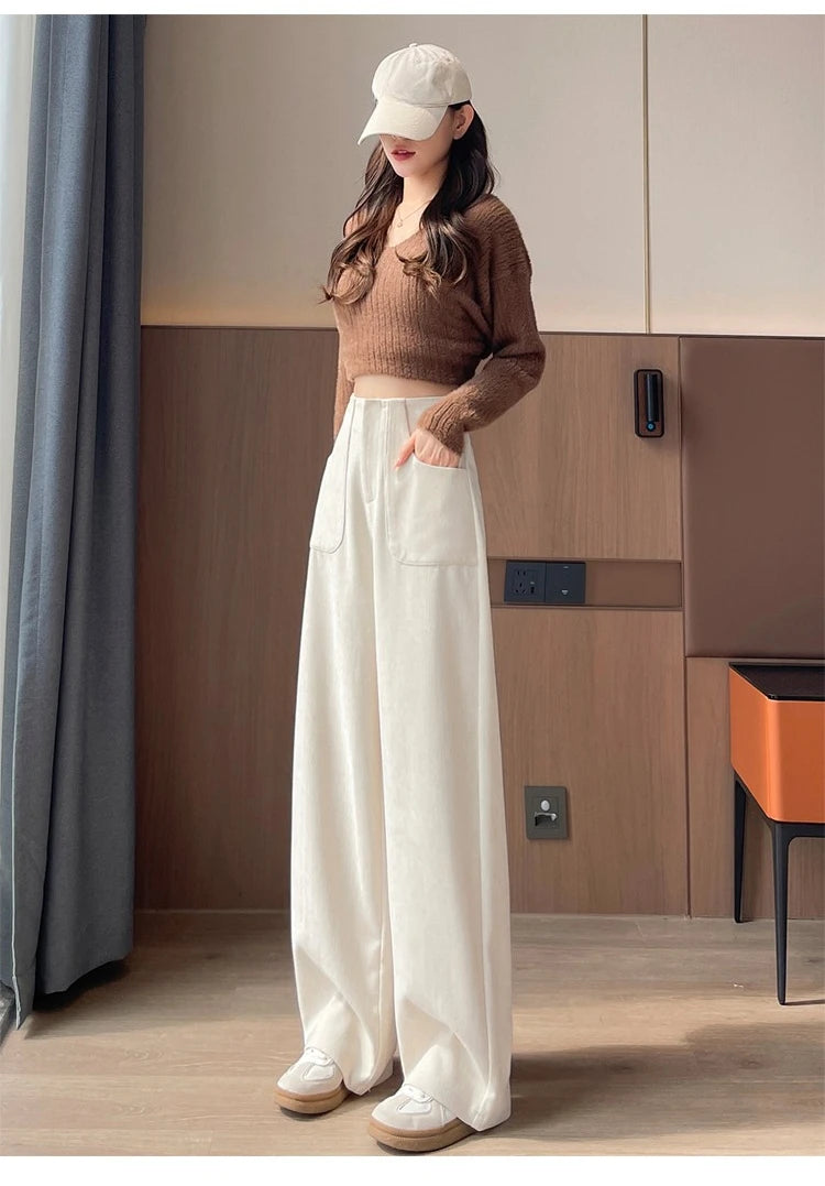 Korean Style High Waist Corduroy Wide Leg Trousers - Women's Vintage Casual Pants with Pockets