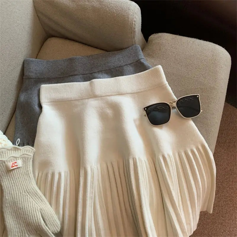 Korean Style Pleated Knit Mini Skirt - High Waist A-Line Skirt for Women