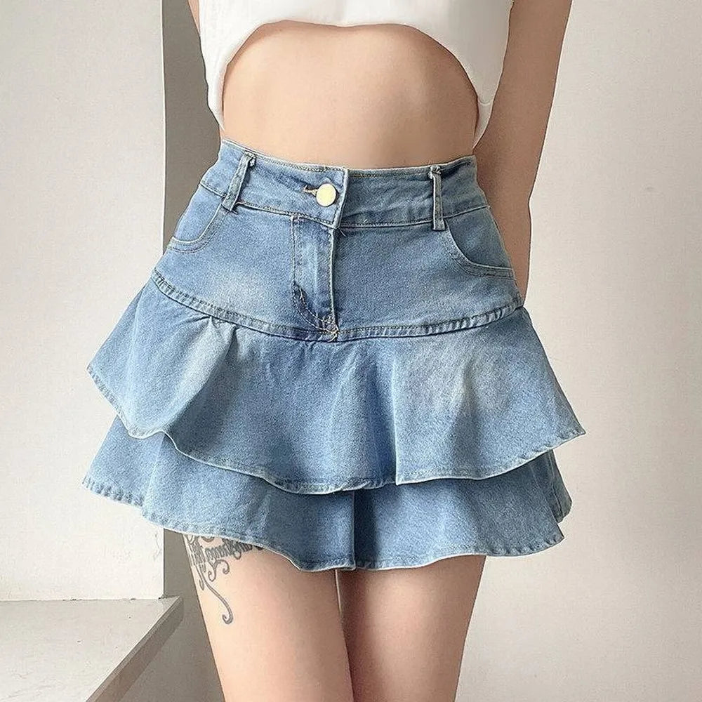Korean Style Denim Mini Skirt - High Waist A-Line Vintage Wash Ruffle Skirt