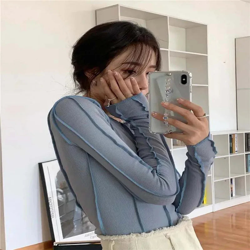 Korean Style Long Sleeve Top - Slim Fit with Contrast Line Detail