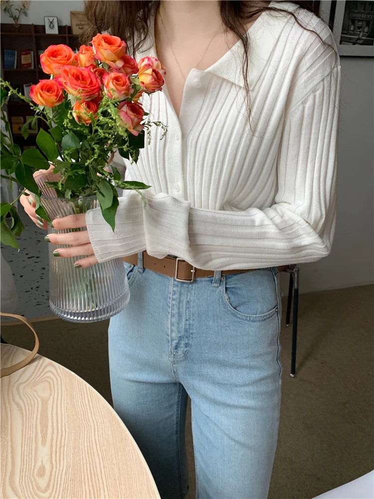 Korean Style Polo Collar Knit Cardigan - Women's Elegant Layering Sweater