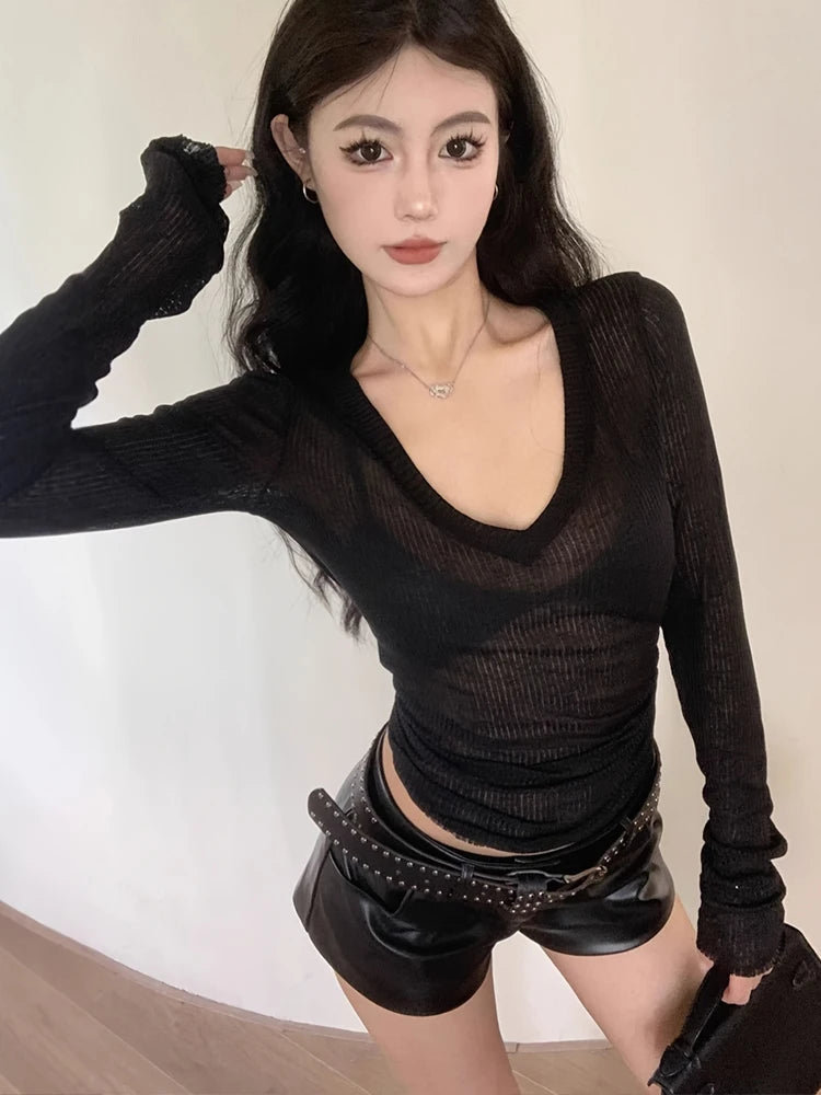 Korean Style V-Neck Long Sleeve Top - Slim Fit Semi-Sheer Women's T-Shirt