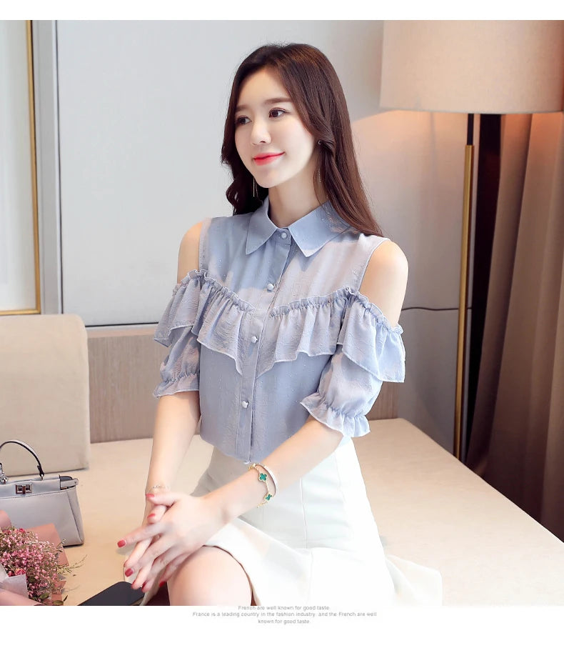Korean Style Off-Shoulder Chiffon Blouse - Ruffle Sleeve Summer Top