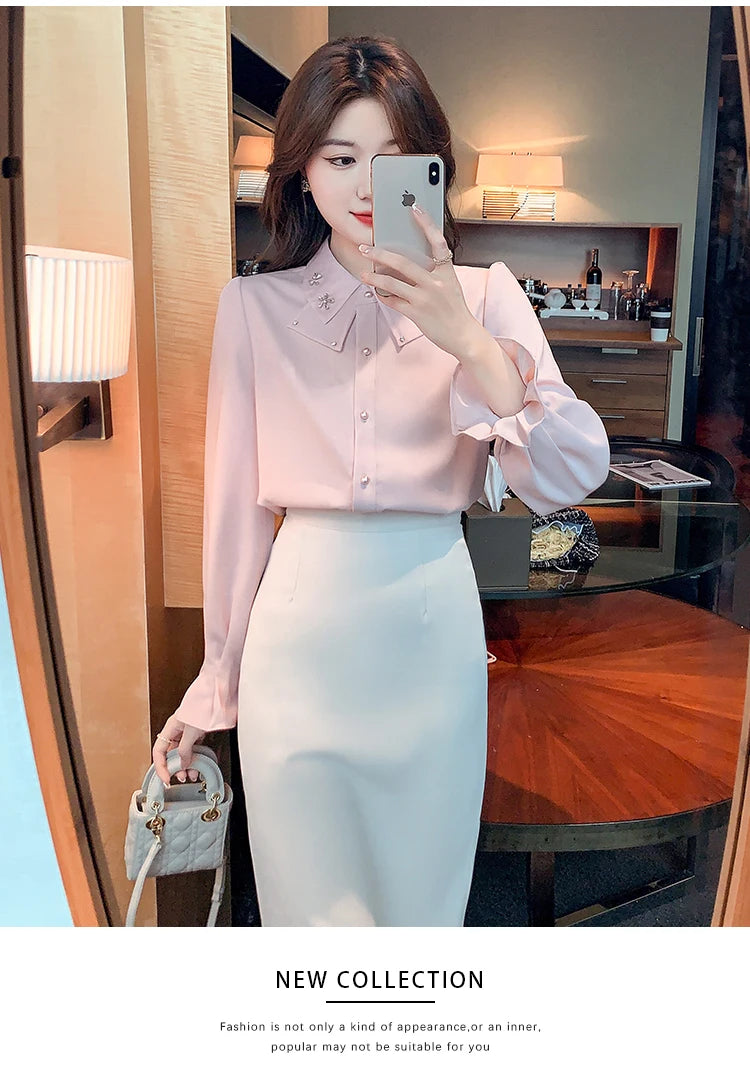 Korean Style Chiffon Blouse - Elegant Long Sleeve White Shirt for Women