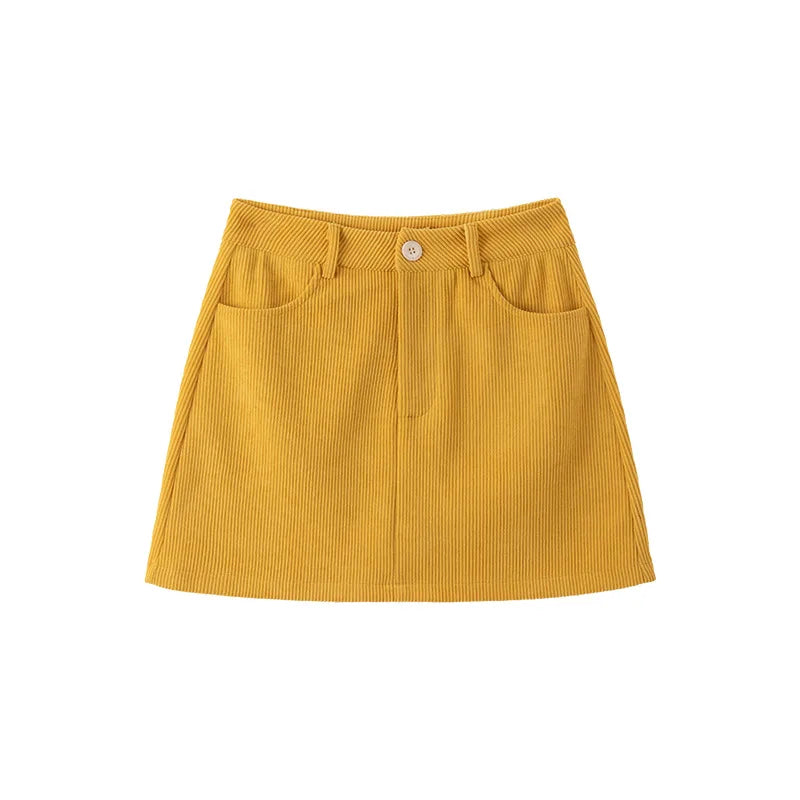 Korean Style High Waist Corduroy Mini Skirt - A-Line Vintage College Skirt with Pockets