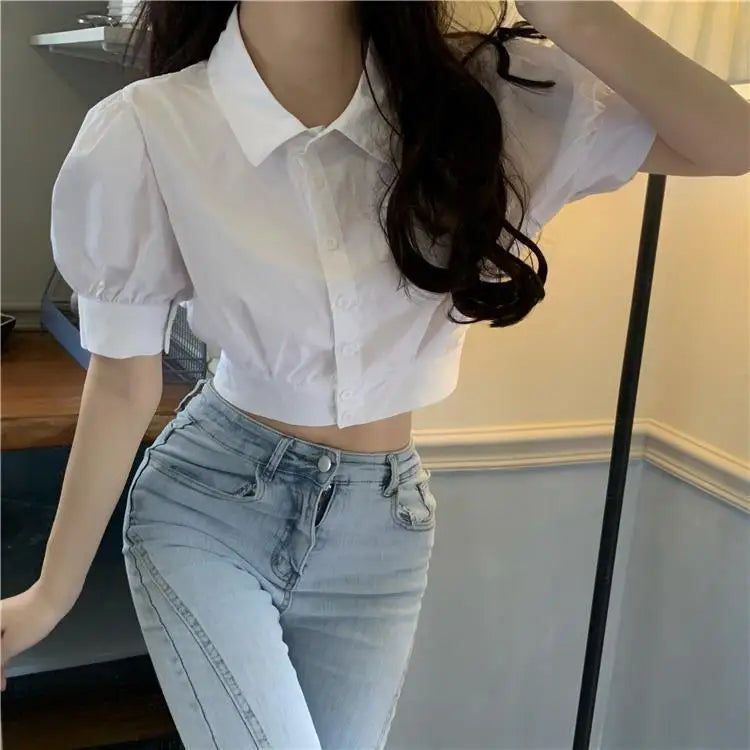 Korean Style White Puff Sleeve Cropped Shirt - Women's Elegant Preppy Blouse
