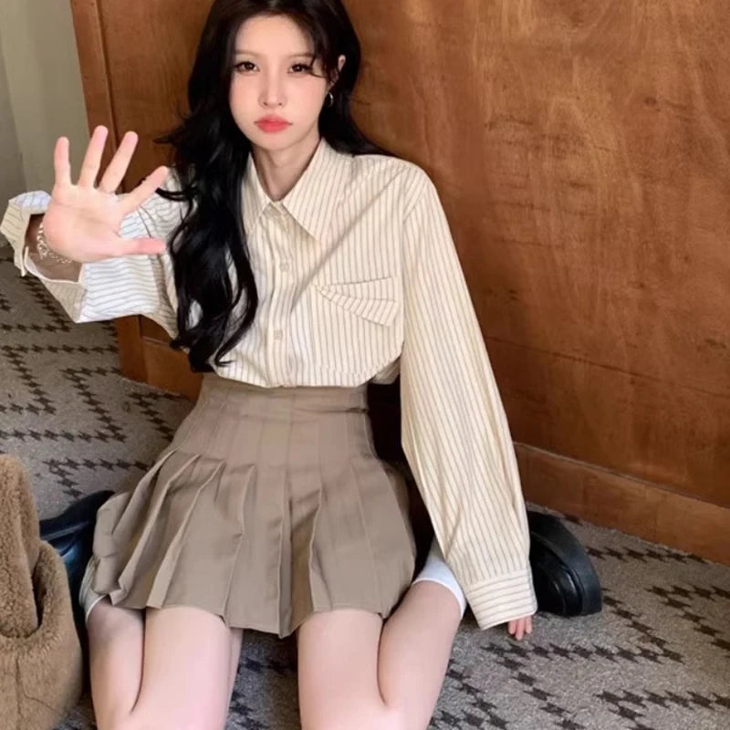 Korean Style Blue Striped Shirt - Women's Long Sleeve Blouse with Pockets