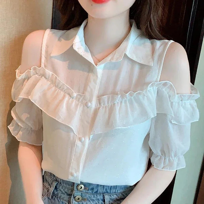 Korean Style Off-Shoulder Chiffon Blouse - Ruffle Sleeve Summer Top