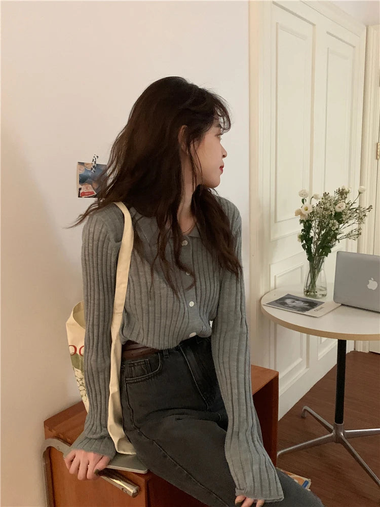 Korean Style Polo Collar Knit Cardigan - Women's Elegant Layering Sweater