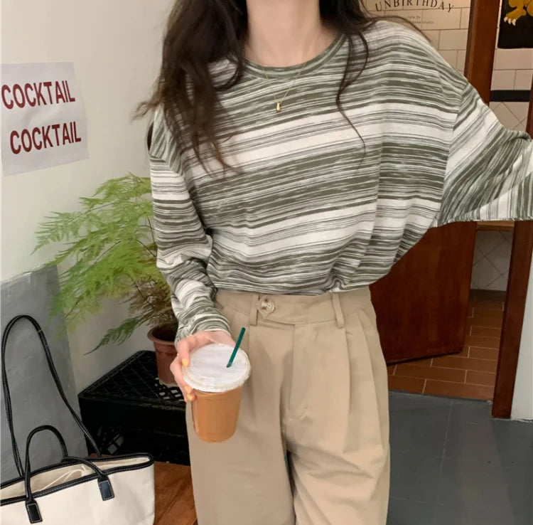 Korean Style Vintage Striped Long Sleeve T-Shirt - Women's Loose Fit Top