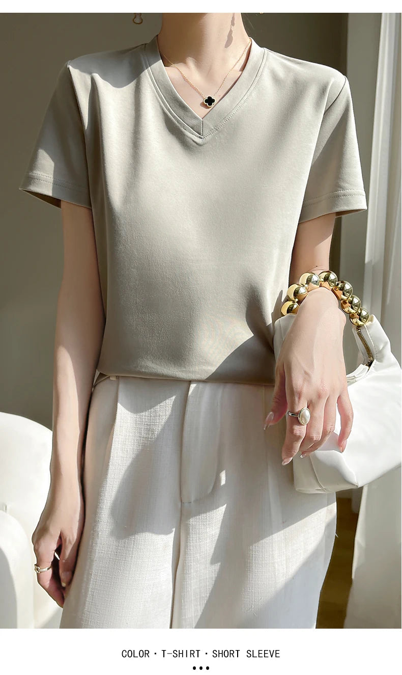 Korean Style V-Neck Cotton T-Shirt - Women's Relaxed Fit Short Sleeve Top