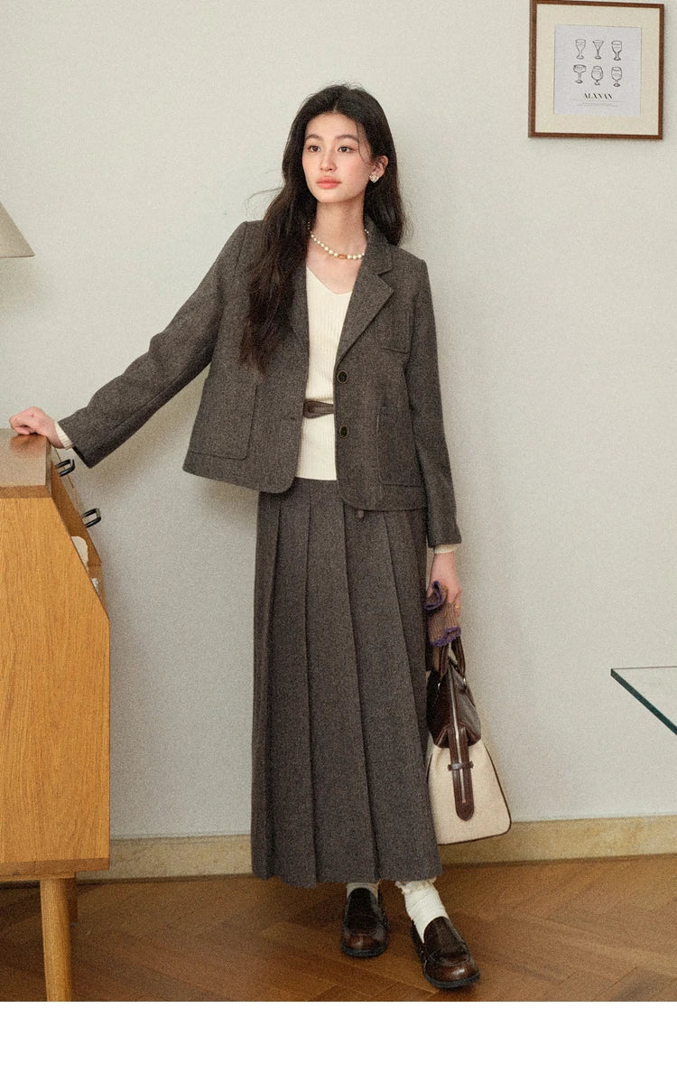 Korean Style Pleated Wool Skirt - Elegant High-Waist A-Line Midi Skirt for Women