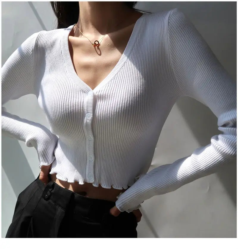 Korean Style Cropped Knit Cardigan - V-Neck Ruffle Hem