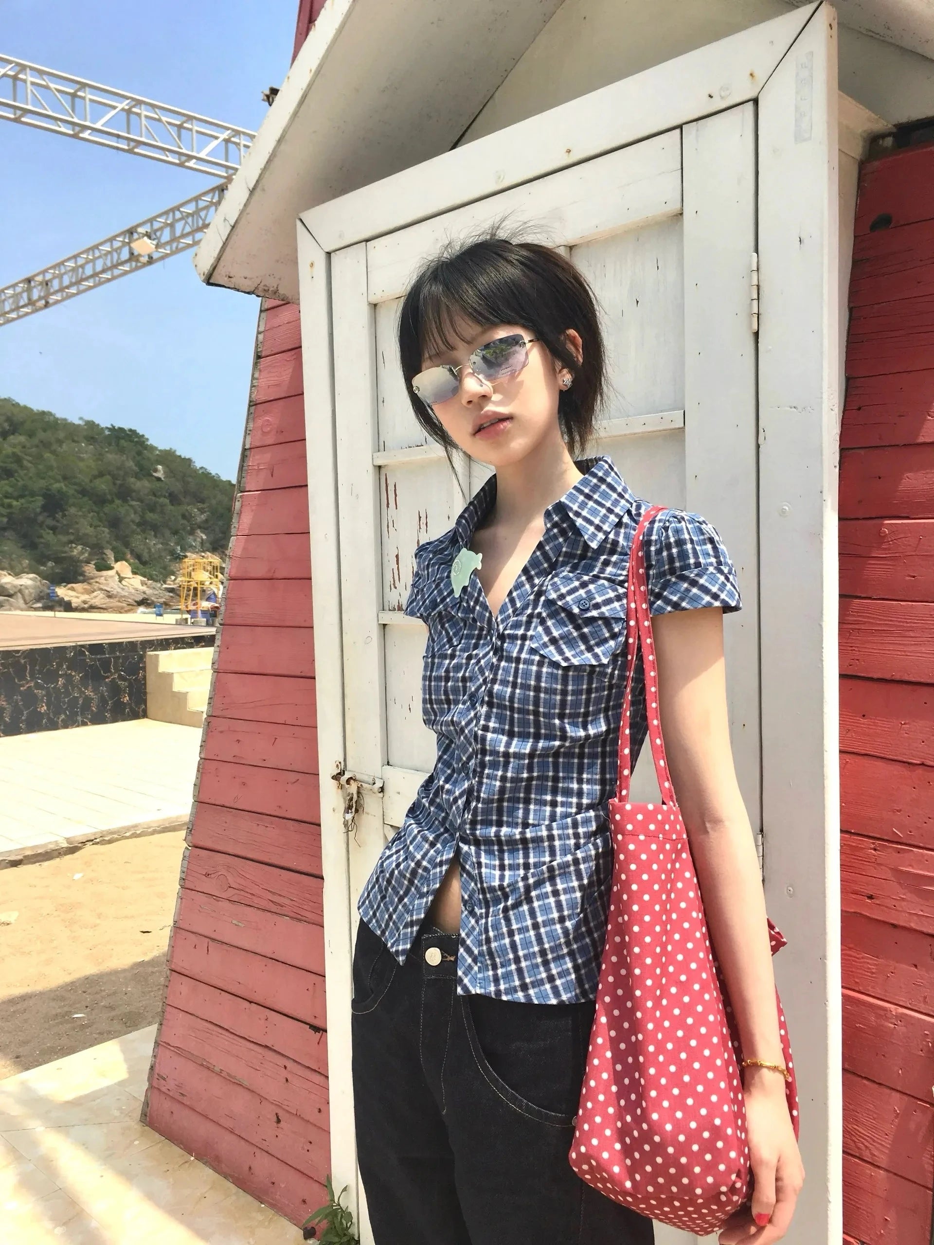 Korean Style Y2K Plaid Shirt - Women's Vintage Short Sleeve Blouse