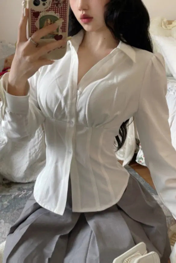 Korean Style White Shirt - Women's Slim Fit Long Sleeve Blouse