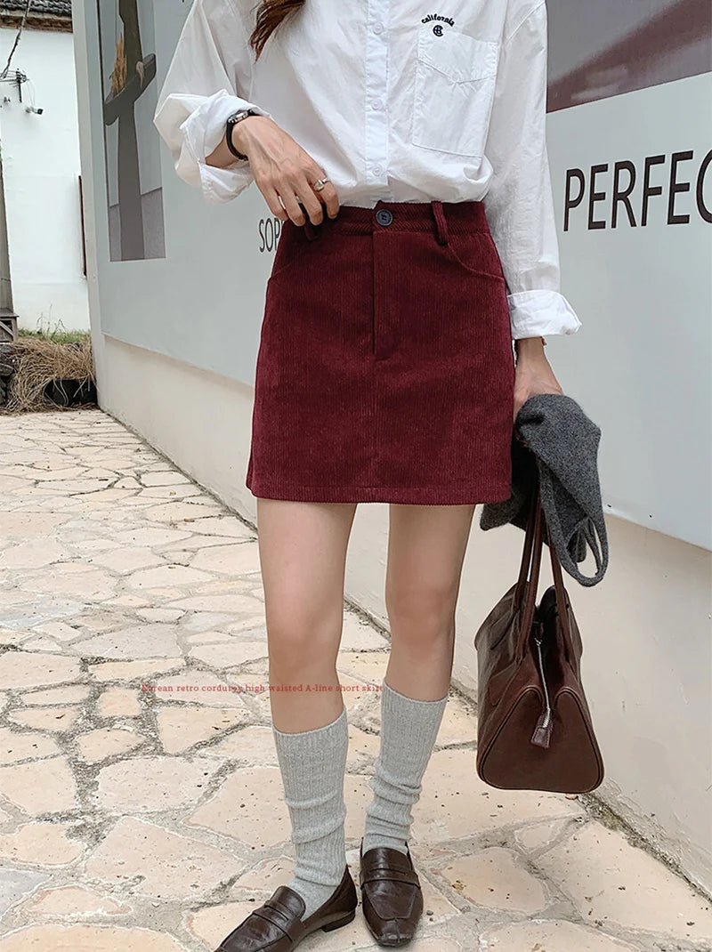 Korean Style High Waist Corduroy Mini Skirt - A-Line Vintage College Skirt with Pockets