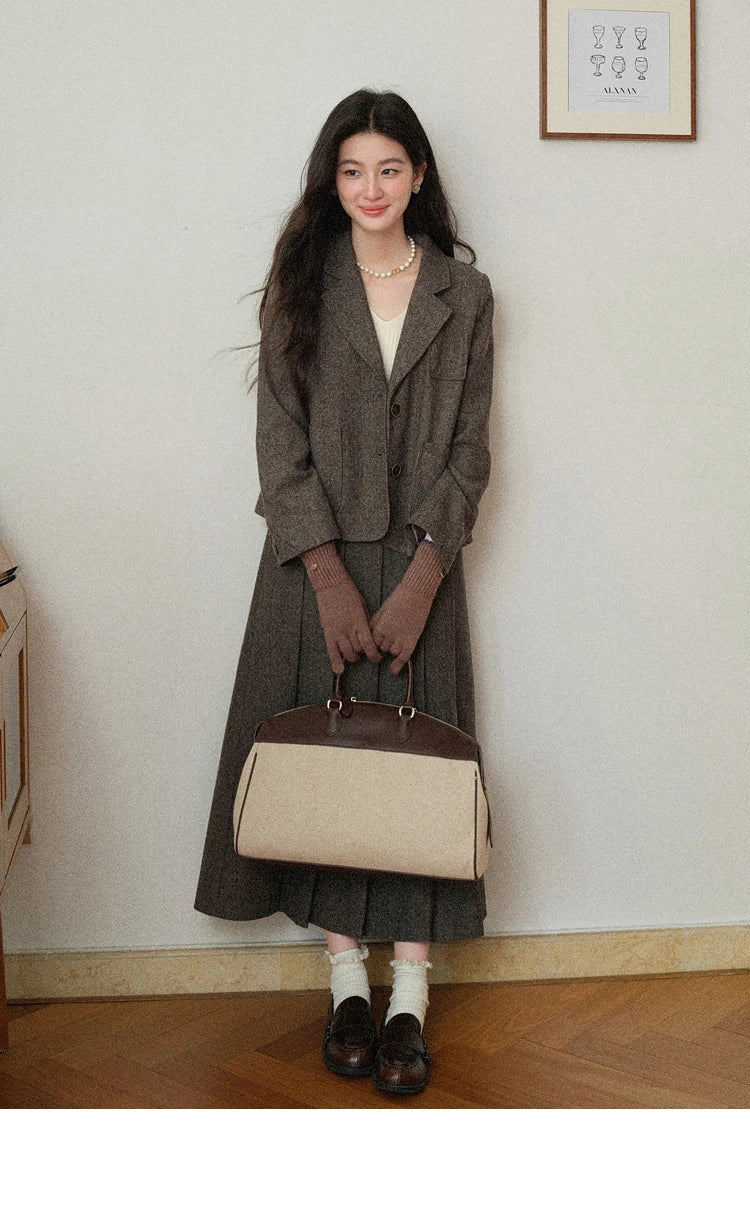 Korean Style Pleated Wool Skirt - Elegant High-Waist A-Line Midi Skirt for Women