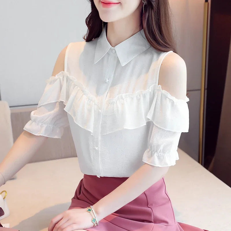 Korean Style Off-Shoulder Chiffon Blouse - Ruffle Sleeve Summer Top