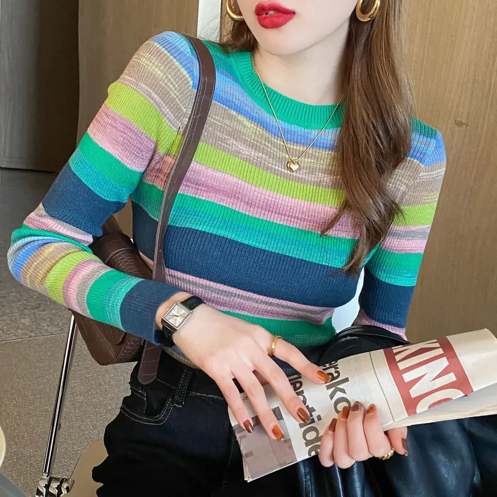 Korean Style Striped Long Sleeve Top - Women's Slim Fit T-Shirt