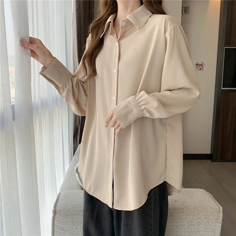 Korean Style White Chiffon Blouse - Elegant Long Sleeve Shirt for Women