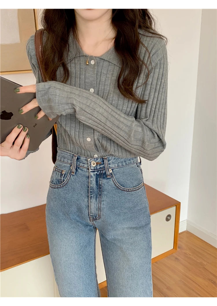 Korean Style Polo Collar Knit Cardigan - Women's Elegant Layering Sweater