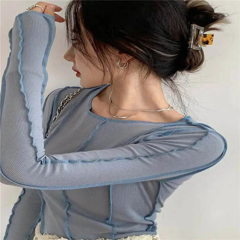 Korean Style Long Sleeve Top - Slim Fit with Contrast Line Detail
