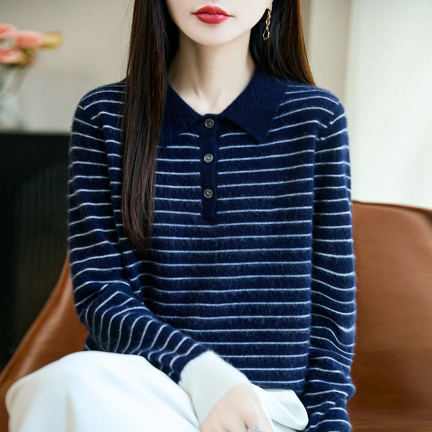 Korean Style Wool Polo Neck Jumper - Striped Knit Pullover for Women