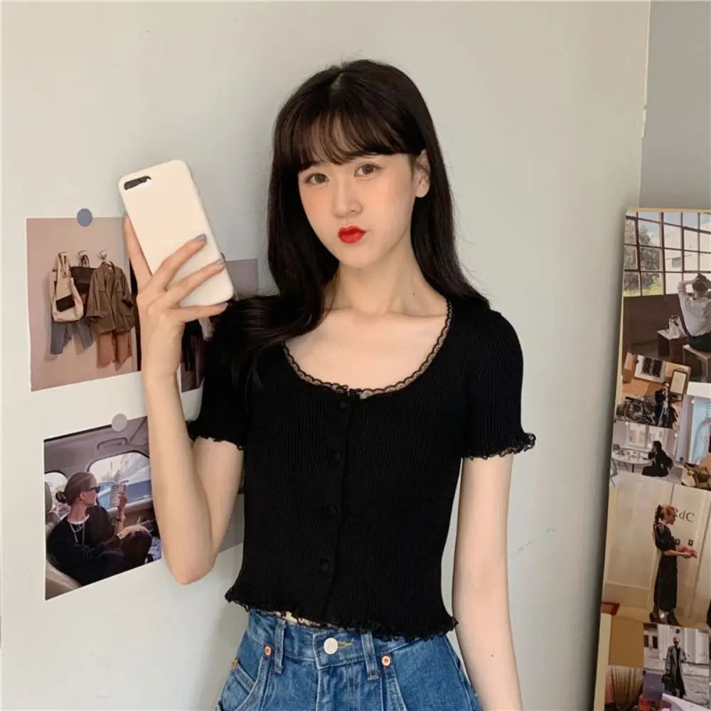 Korean Style Lace Knit Cardigan - Women's Slim Fit Button-Up Top