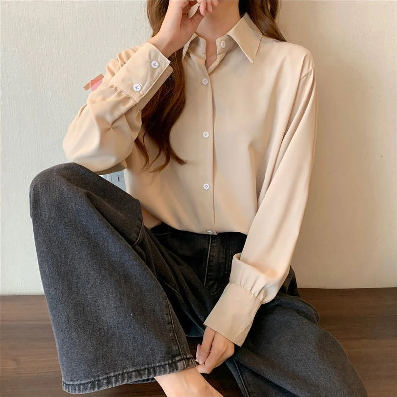 Korean Style White Chiffon Blouse - Elegant Long Sleeve Shirt for Women